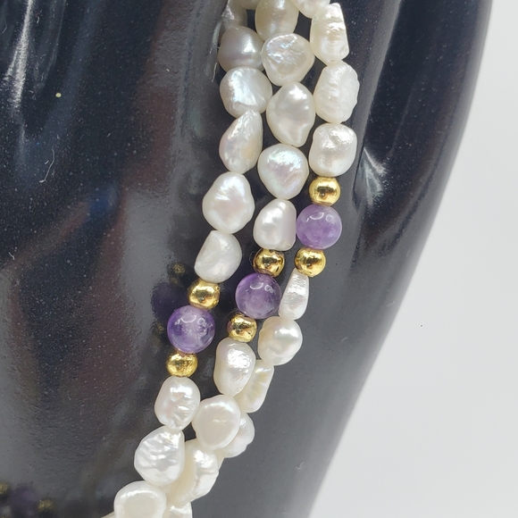 Freshwater Pearl & Purple Amethyst Bracelet Vintage Triple Strand Jewelry 7 1/8" - Picture 2 of 4